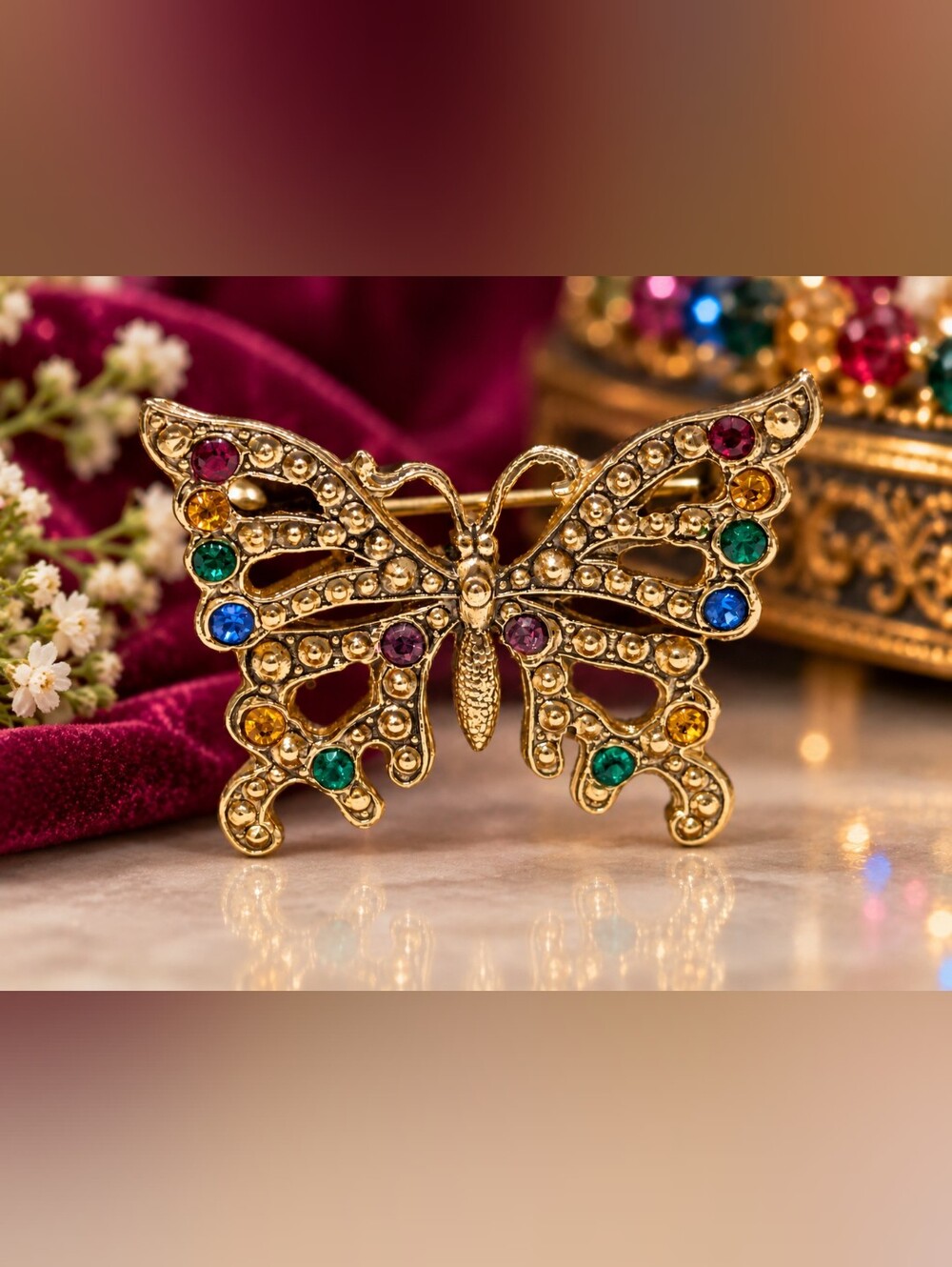 Vintage Gold Tone Butterfly Brooch Multicolor Rhinestone Jeweled Filigree Pin